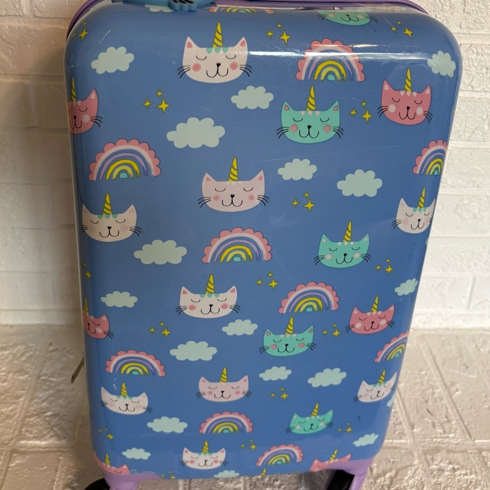Kids Unicorn Cat Rainbow Print Rolling Suitcase - Blue & Purple - Picture 2 of 10